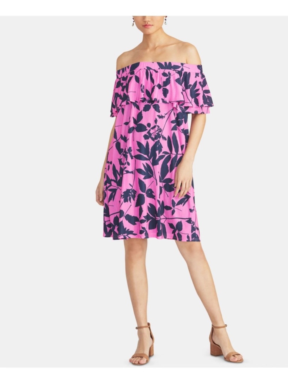 🩷RACHEL ROY Hot Pink Navy Floral Off-Shoulder Ruffle Neckline Shift Dress XS🩷